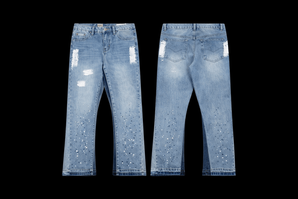 Pair of DEBT flared jeans from Reselling Lab with a high waist and distressed denim, showcasing the trendy fashion style.