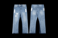 Pair of DEBT flared jeans from Reselling Lab with a high waist and distressed denim, showcasing the trendy fashion style.