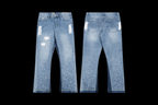 Pair of DEBT flared jeans from Reselling Lab with a high waist and distressed denim, showcasing the trendy fashion style.