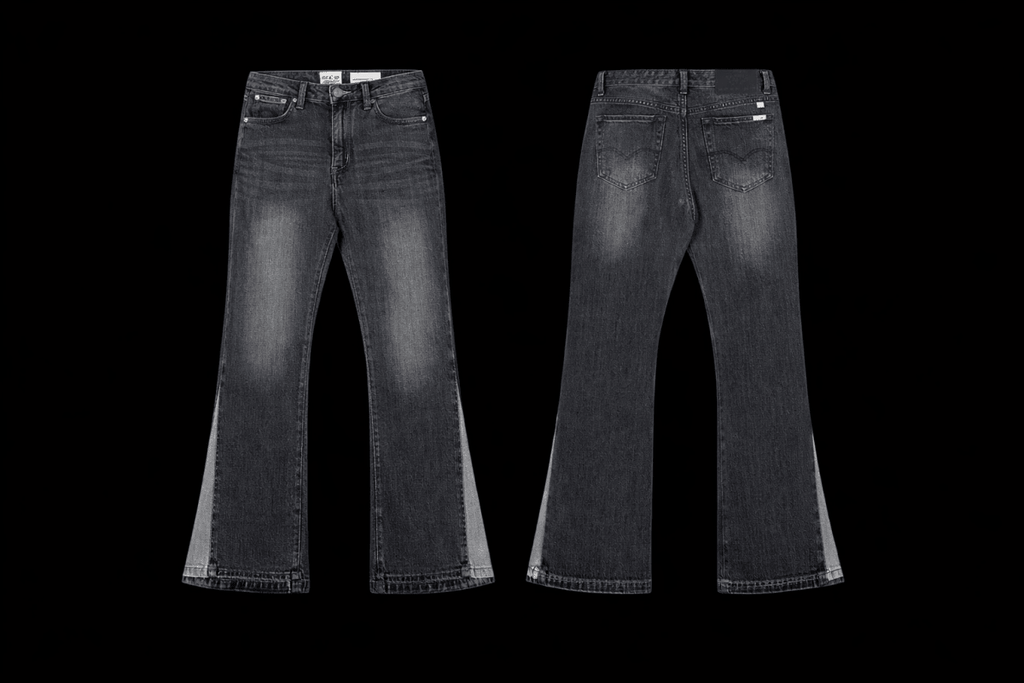 Reselling Lab DEBT flared jeans in dark wash, showcasing fit and stylish design on a white background.