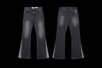 Reselling Lab DEBT flared jeans in dark wash, showcasing fit and stylish design on a white background.