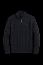 Theplugcrew Horse Knit Quarter Zip sweater in gray with a quarter-length zipper and ribbed cuffs, designed for casual wear.