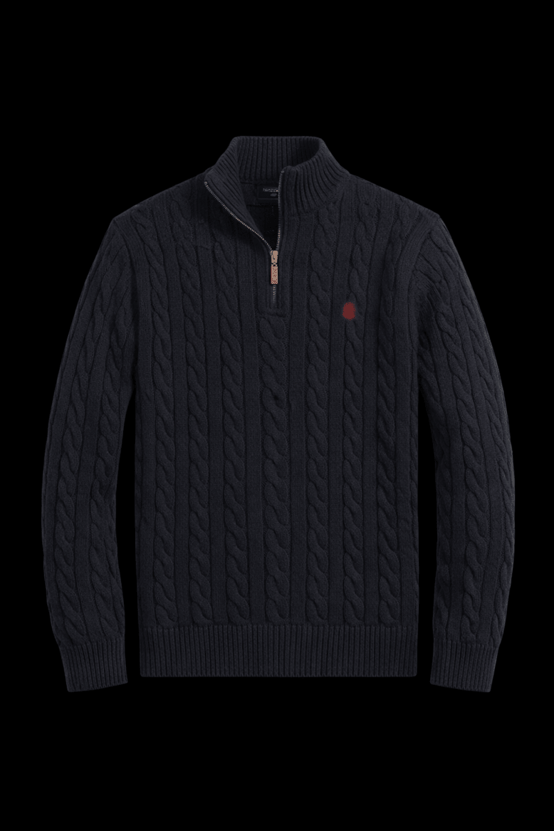 Theplugcrew Horse Knit Quarter Zip sweater in gray with a quarter-length zipper and ribbed cuffs, designed for casual wear.