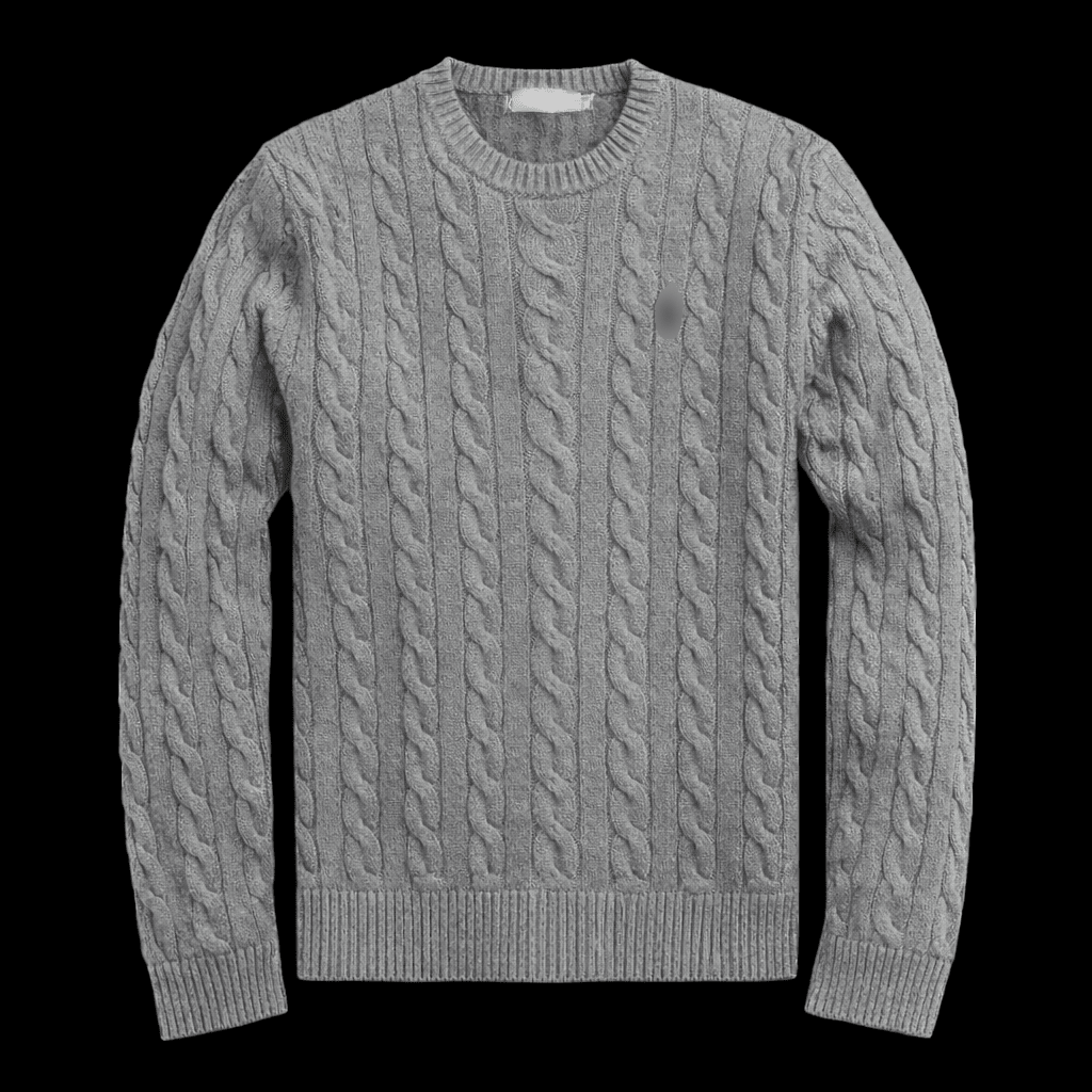 Close-up of a cozy horse-knit sweater by Theplugcrew, featuring detailed knitted patterns and warm, earthy tones.