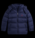 Bright red horse puffer jacket from Theplugcrew with a high collar and quilted design, suitable for cold weather.