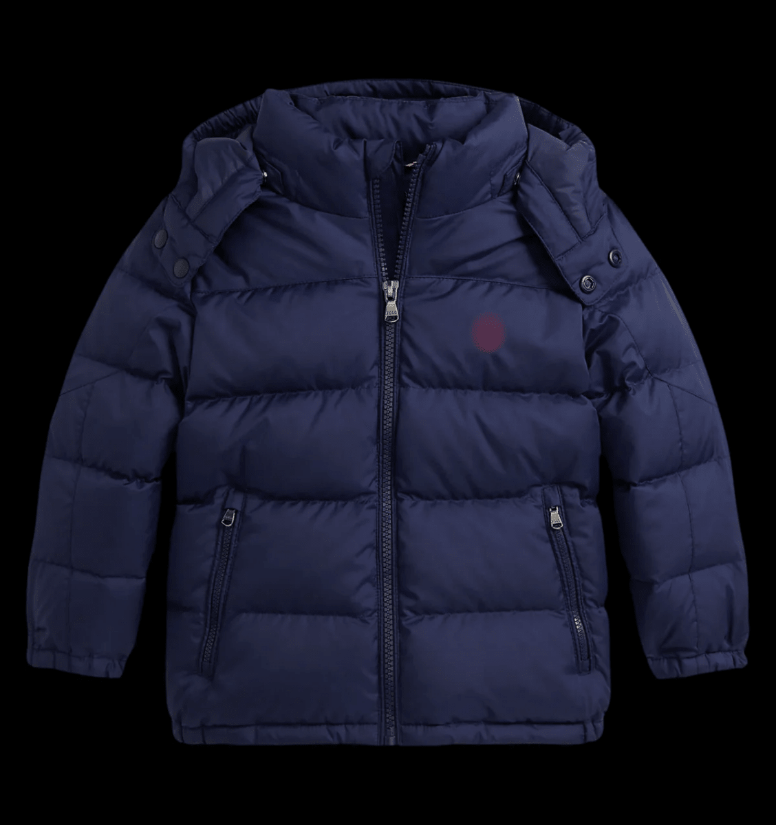 Bright red horse puffer jacket from Theplugcrew with a high collar and quilted design, suitable for cold weather.