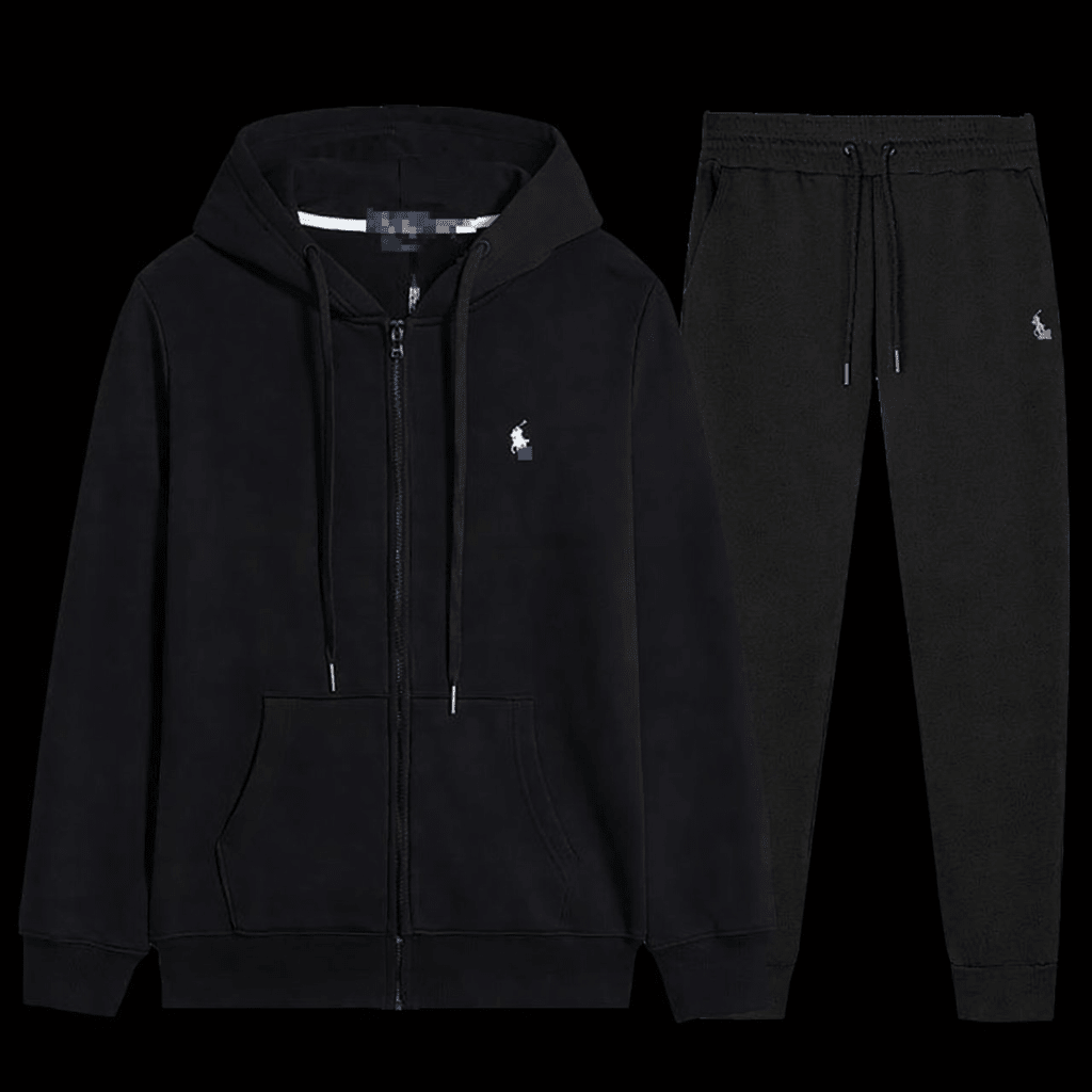 Black horse tracksuit by Theplugcrew, featuring sporty design and comfortable fit, shown on a model.