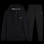 Black horse tracksuit by Theplugcrew, featuring sporty design and comfortable fit, shown on a model.
