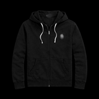 Black horse zip-up hoodie by Theplugcrew, featuring a front zipper and graphic horse design, casual streetwear style.