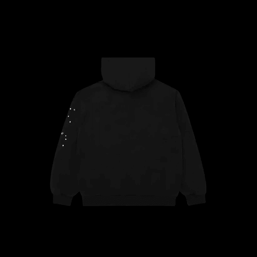 Black punk hoodie from Reselling Lab featuring bold graphic design and a relaxed fit, ideal for streetwear style.