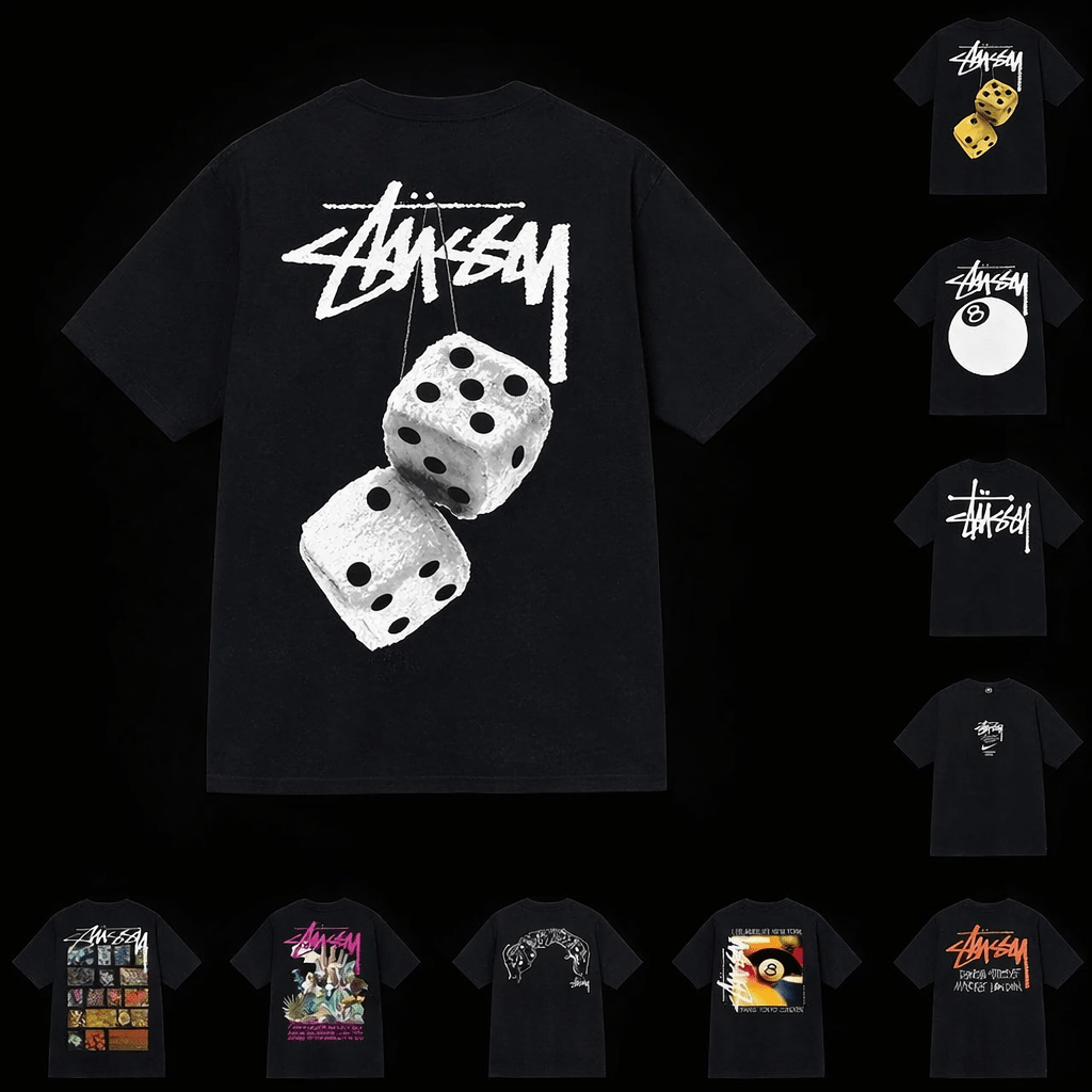 Black Stssy T-shirt from Theplugcrew laid flat, showcasing the front design and classic fit, made from soft cotton material.